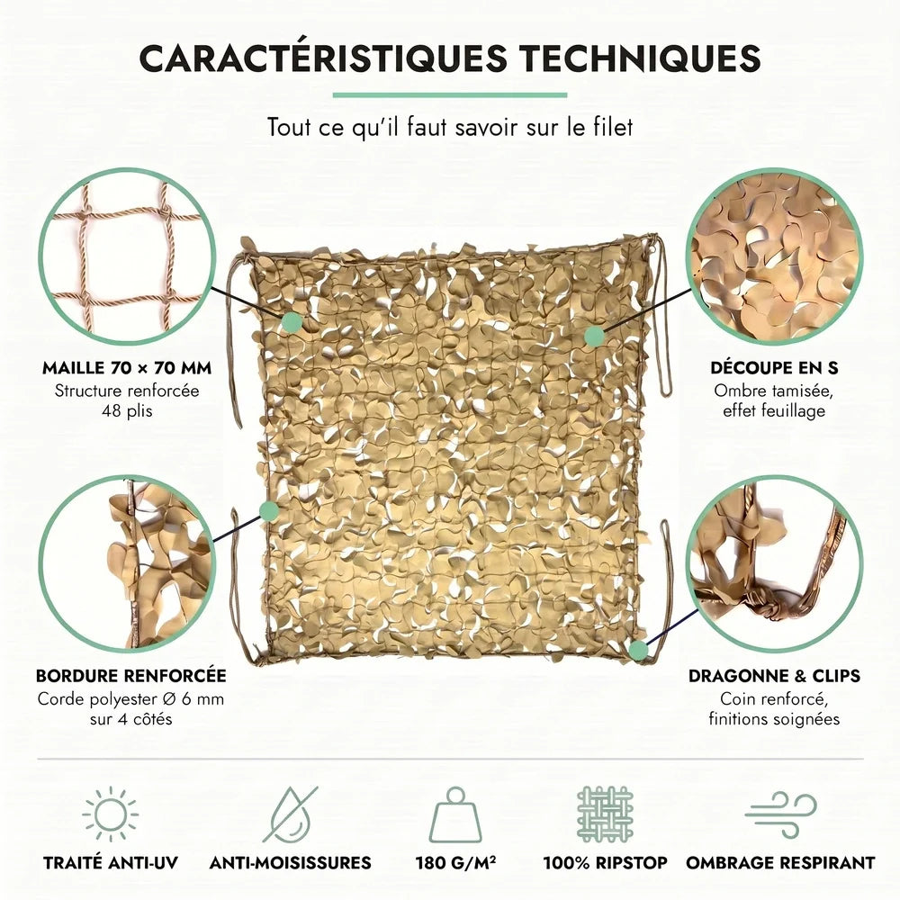 Voile d'ombrage camouflage sable installée sur une terrasse