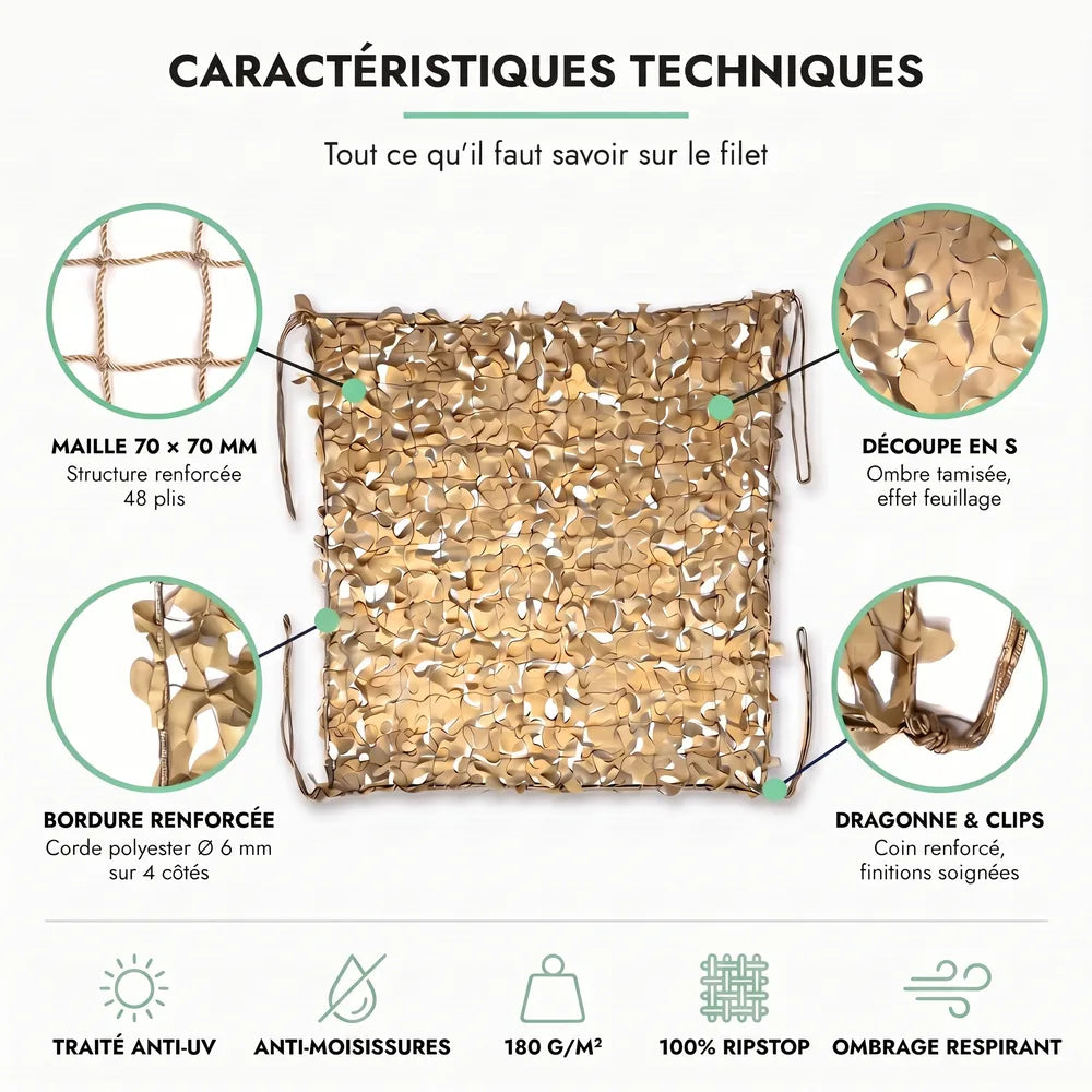 Échantillon de voile d'ombrage camouflage installée sur une terrasse