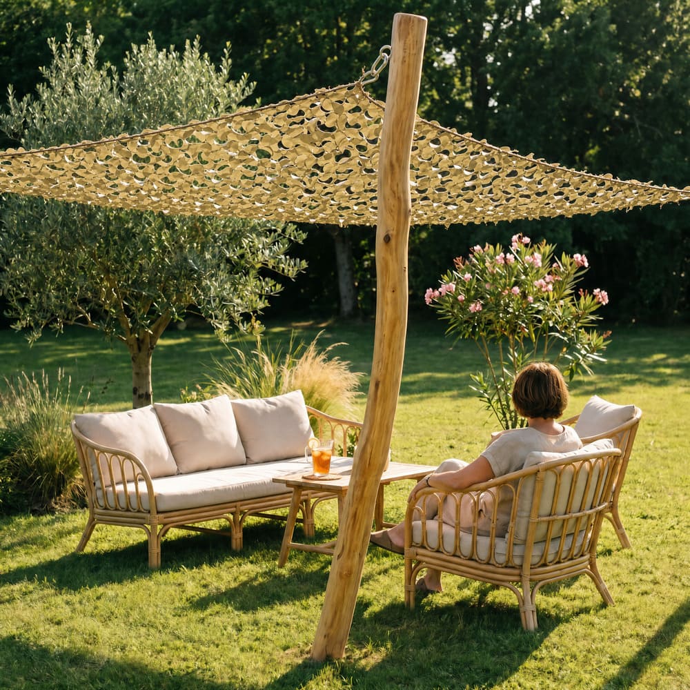 Mât en bois pour voile d'ombrage vue de dessous