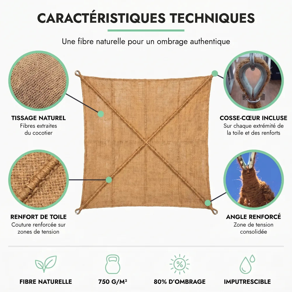 Voile d'ombrage triangulaire en fibre de coco installée sur une terrasse