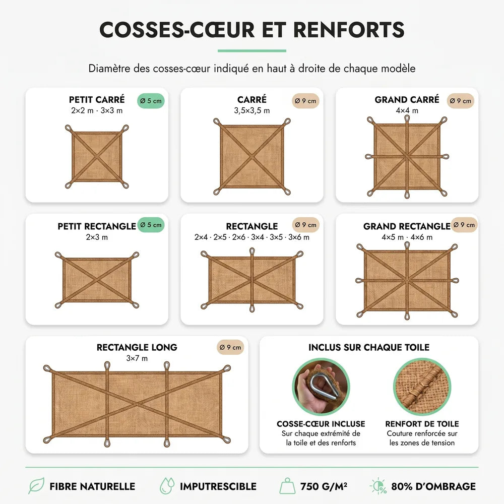 Voile d'ombrage triangulaire en fibre de coco vue de dessous