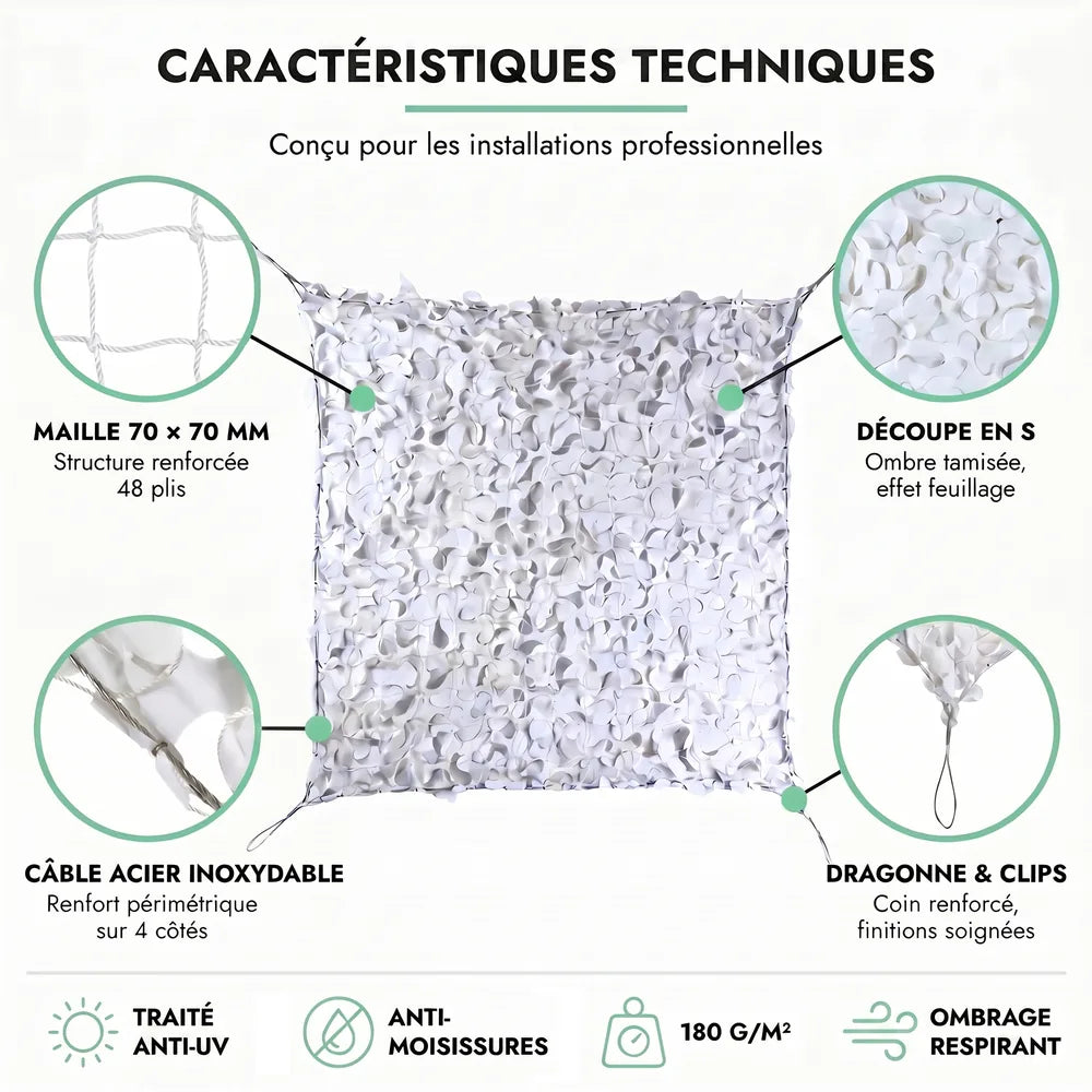 Voile d'ombrage camouflage renforcée à câble acier installée sur une terrasse