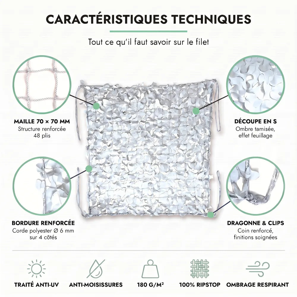 Voile d'ombrage camouflage blanc installée sur une terrasse