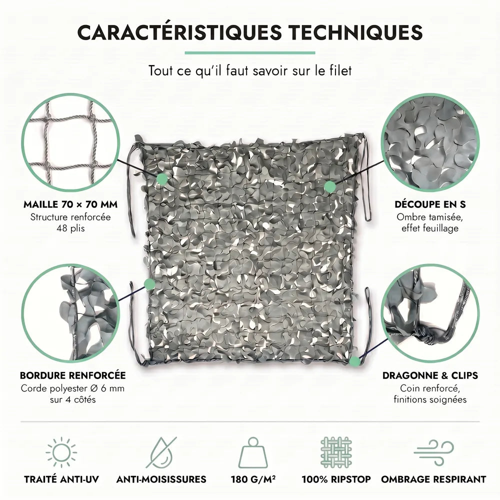 Voile d'ombrage camouflage triangulaire gris installée sur une terrasse