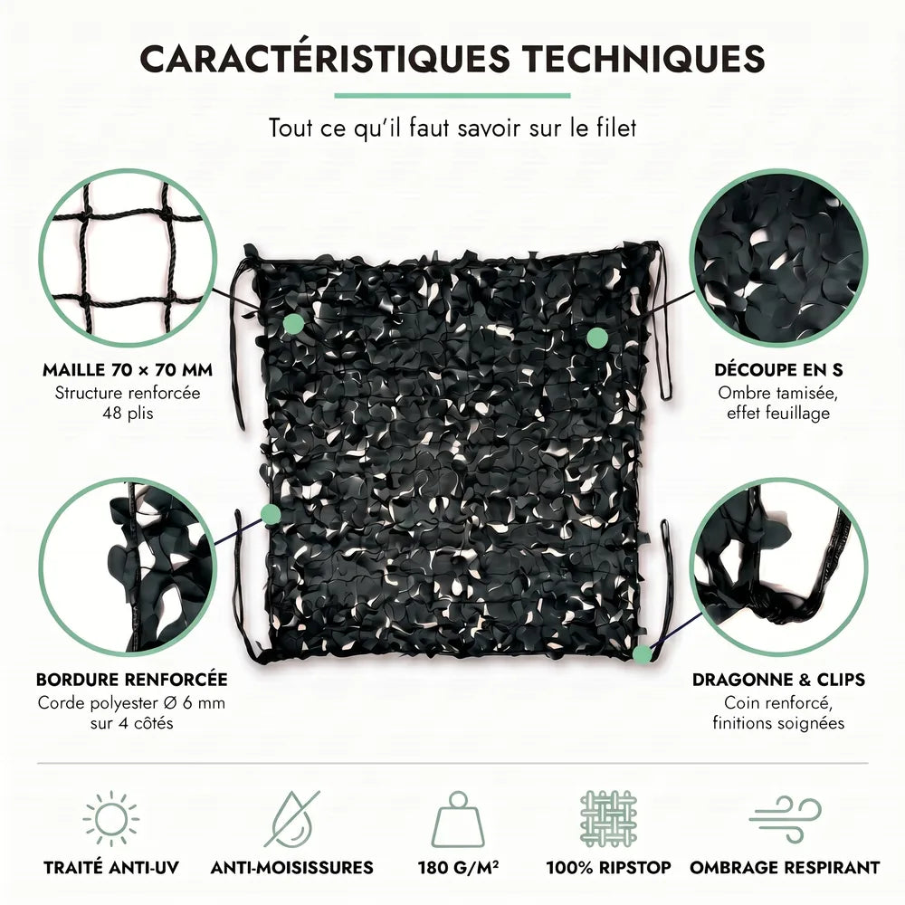 Voile d'ombrage camouflage noir installée sur une terrasse