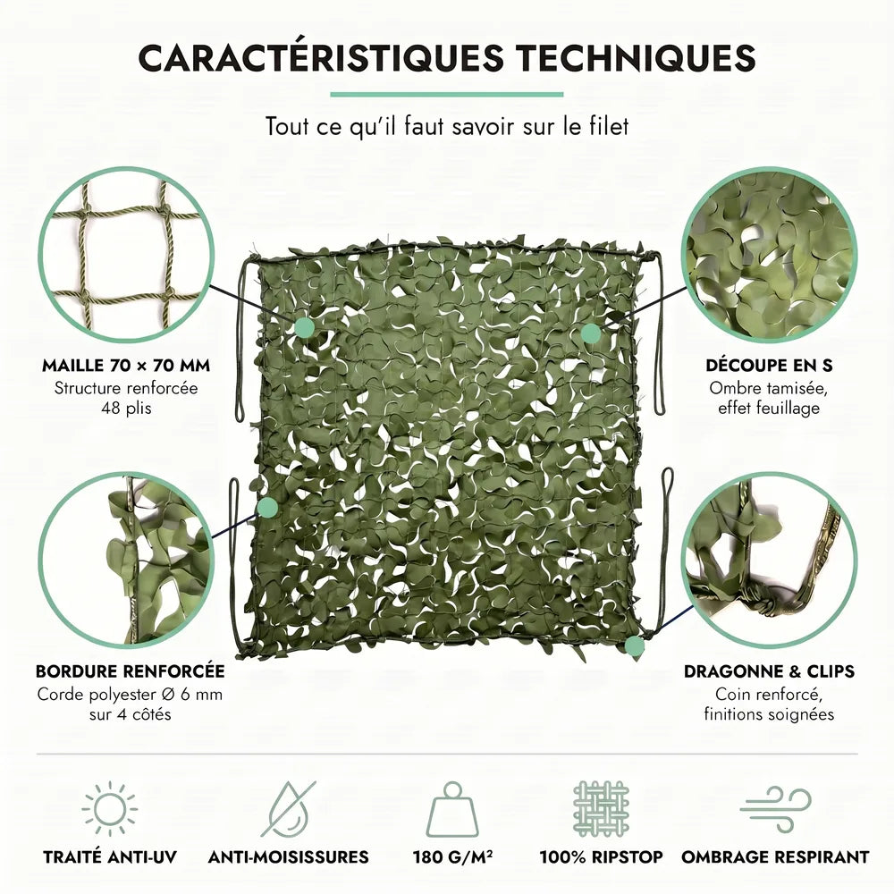 Voile d'ombrage camouflage vert installée sur une terrasse