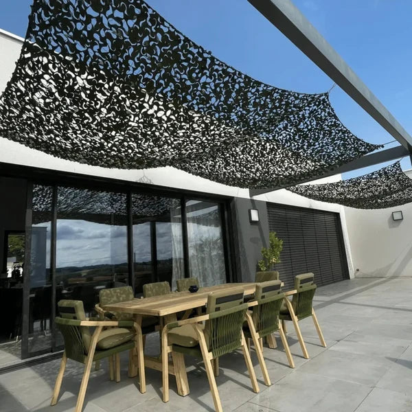 Voile d'ombrage camouflage renforcée à câble acier — détail de la matière