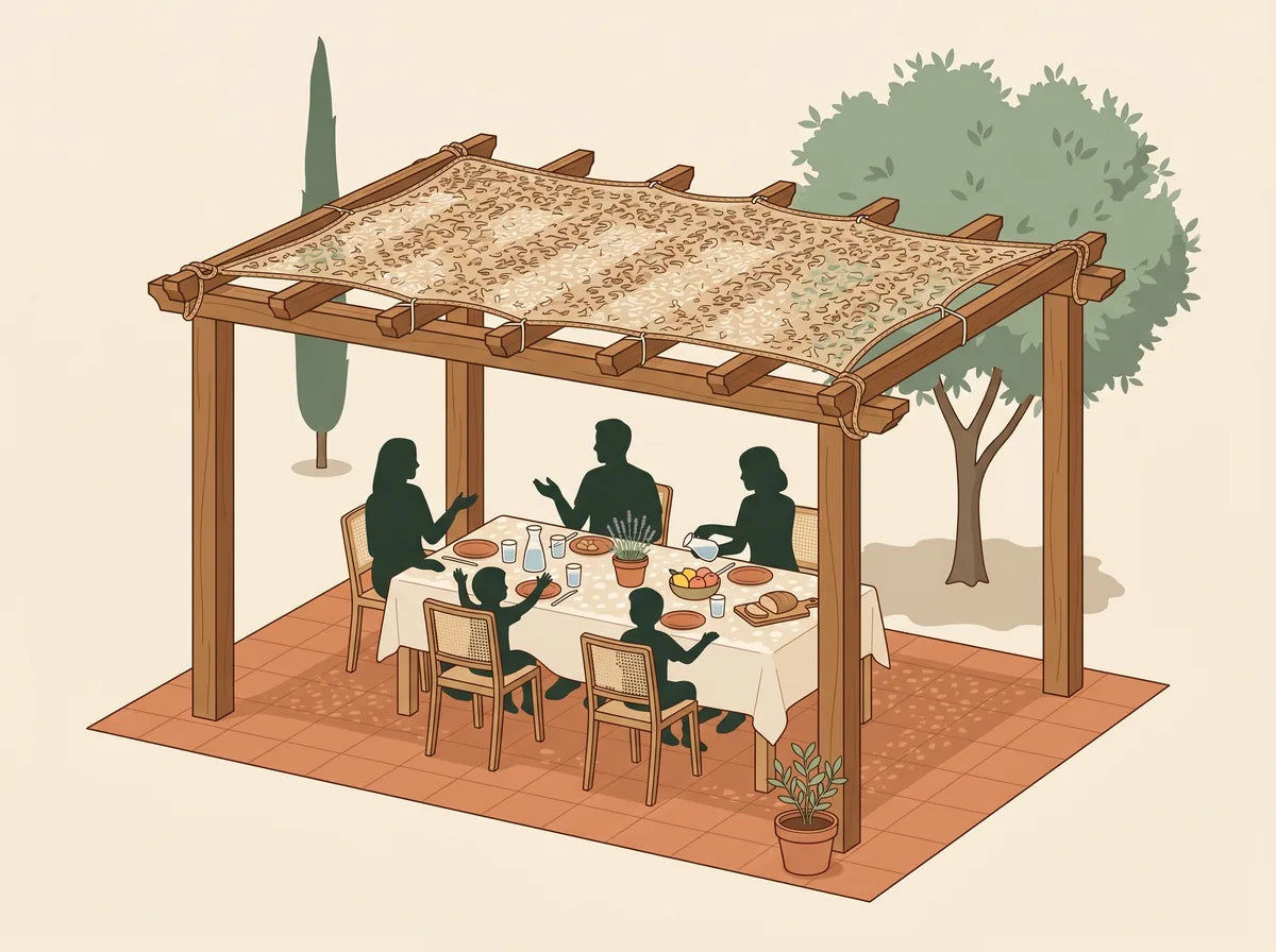 Voile d'ombrage fixée sur une pergola, rendu final